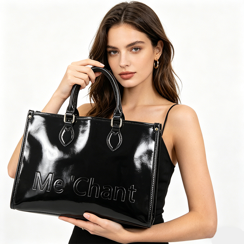 Structured Handbag Top Handle - Женская черная глянцевая сумка-тоут из искусственной